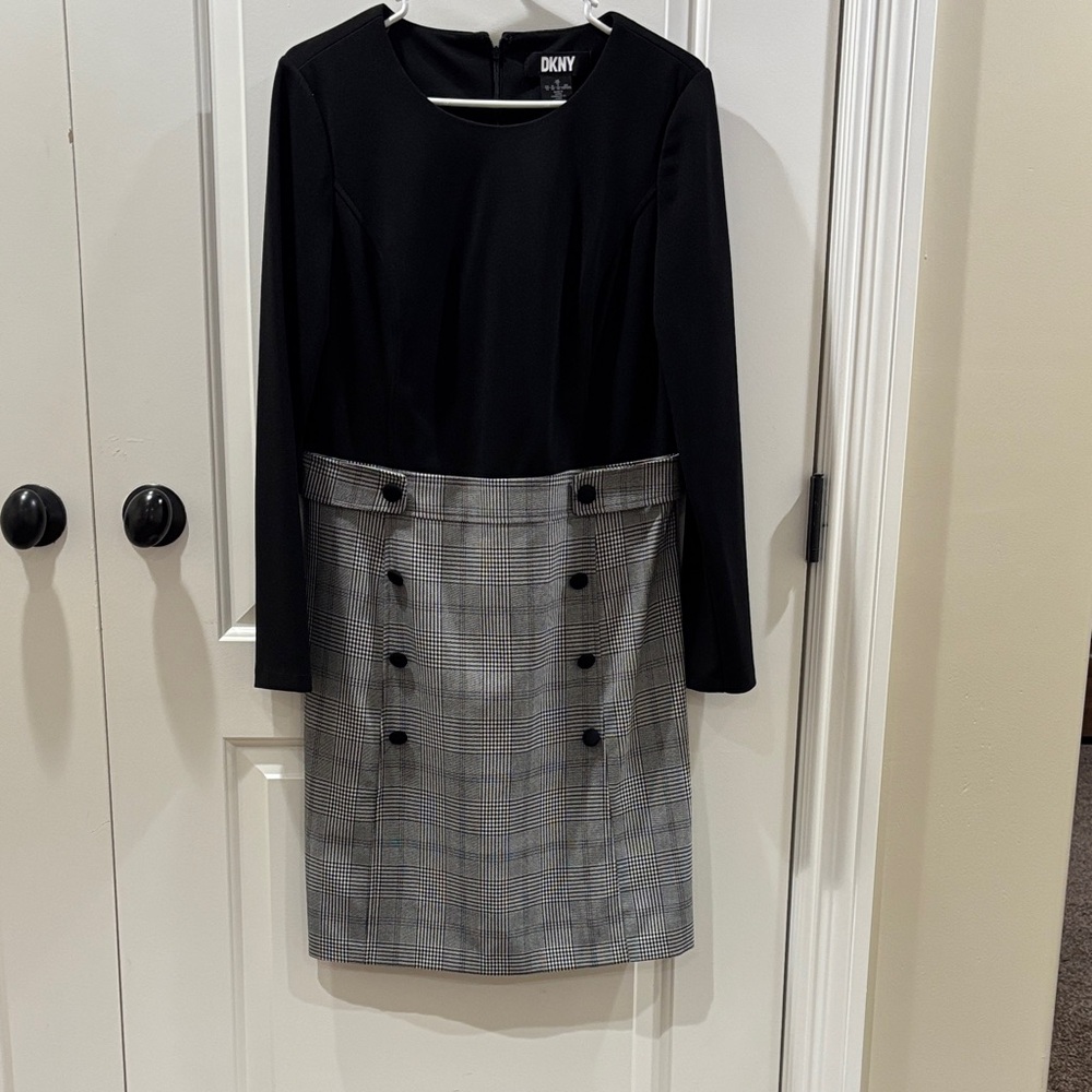 DKNY Black Top with Gray Plaid Skirt Pencil Dress